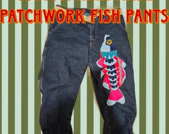 custom handmade patchwork fish pants // sewn-on and upcycled from thrifted materials