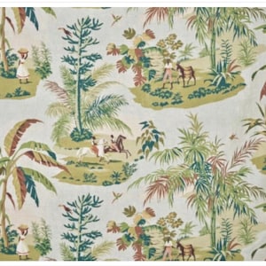 May include: A fabric with a tropical landscape design. The pattern features palm trees, figures on horseback, and people carrying baskets. The color palette includes green, brown, and cream, creating a vintage aesthetic. The overall theme is a scenic, nature-inspired design.