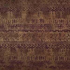 May include: A fabric featuring a repeating horizontal pattern of dark brown and muted bronze geometric shapes, including diamonds and vertical lines, set against a textured, mottled background that creates a weathered, aged appearance.