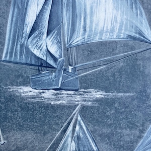 May include: A blue and white illustration of three sailboats on the water. The sailboats have white sails and are drawn in a stylized manner.