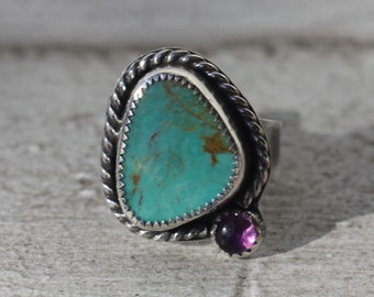 Sterling Silver with Turquoise and Amethyst Ring. Size 7.