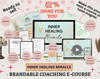 May include: A digital product bundle for creating an online course on inner healing. The bundle includes an ebook, worksheets, social media graphics, a sales page template, and a video tutorial. The text "INNER HEALING MIRACLE" is featured prominently in the image. The bundle is 100% done for you and is brandable.