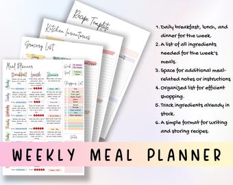 Meal Planner Printable | Weekly Food Diary | Meal Tracker | Food Journal |Menu Plan & Prep| Grocery List, Kitchen Inventory, Recipe Template