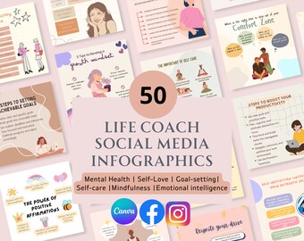 50 plantillas CANVA para redes sociales sobre salud mental para coaches de vida / publicaciones en IG y FB / paquete de participación para coaches de vida / publicaciones en redes sociales / bienestar emocional