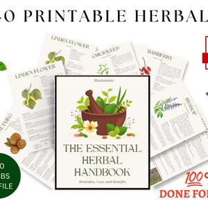 Puede incluir: Una descarga digital de 140 ilustraciones y descripciones de hierbas imprimibles. La portada presenta un mortero y un pilón con hierbas y el texto "The Essential Herbal Handbook: Remedies, Uses, and Benefits".