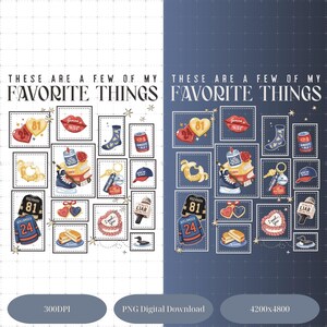 May include: Digital print featuring a grid of illustrated squares with the text "THESE ARE A FEW OF MY FAVORITE THINGS." The squares contain various images, including a heart, lips, a sock, a can, and a jersey.