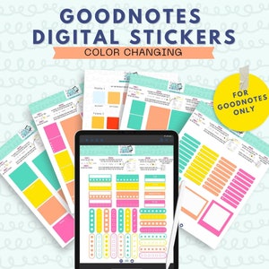 Puede incluir: Un paquete de pegatinas digitales para usuarios de la aplicación Goodnotes. Las pegatinas cambian de color y presentan diversas formas, líneas y patrones en rosa, amarillo, azul y verde. El texto "GOODNOTES ONLY" es visible en la imagen.