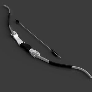 Może przedstawiać: Zestaw łuku i strzały w kolorze srebrnym i czarnym. Łuk wykonany jest z metalu i ma czarną rękojeść. Strzała wykonana jest z drewna i ma srebrną końcówkę.