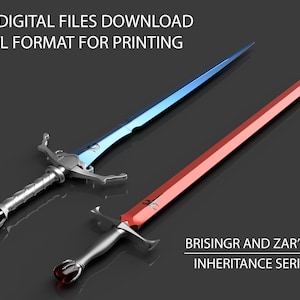 May include: Two 3D printed swords, one blue and one red, with silver handles and gem-encrusted pommels. The swords are labelled "BRISINGR AND ZAR'ROC INHERITANCE SERIES".