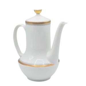 May include: A white porcelain coffee pot featuring a tall, cylindrical body with a curved handle and a long spout. The lid is topped with a gold-colored knob, and the pot is decorated with a gold and grey patterned band around the lid and base.
