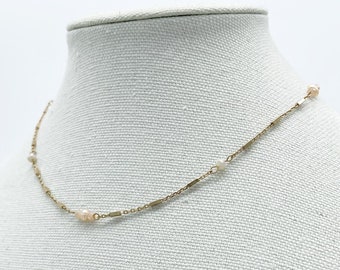 Dainty Gold Tone, Pearl and Dusty Pink Beaded Chain Necklace