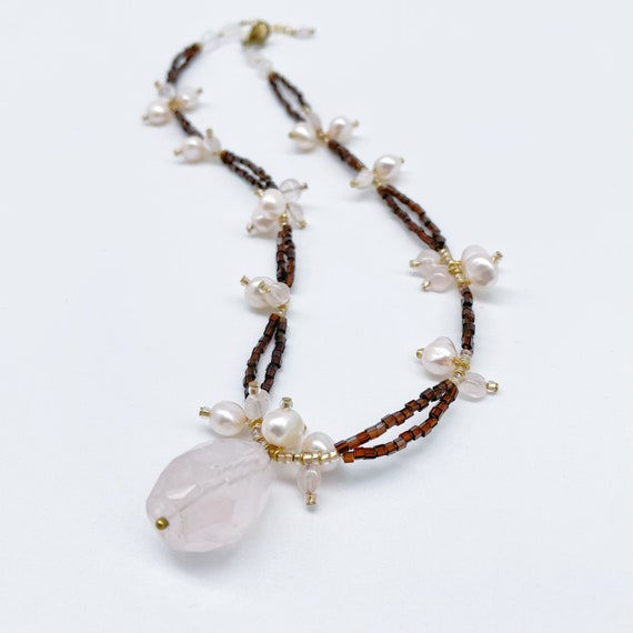 Rose Quartz Pendant Beaded Necklace - image 4