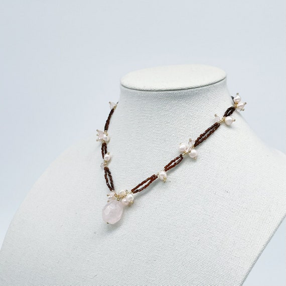 Rose Quartz Pendant Beaded Necklace - image 3