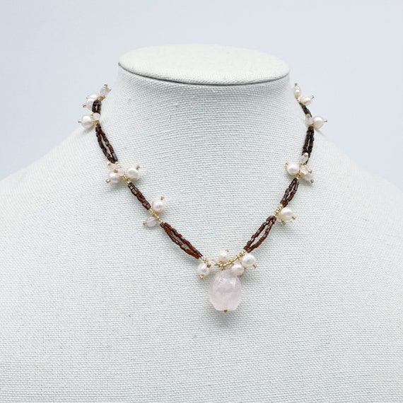Rose Quartz Pendant Beaded Necklace - image 1