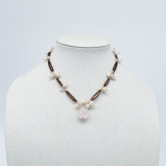 Rose Quartz Pendant Beaded Necklace - image 2