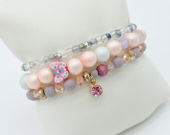 Rosey Pinks Butterfly Charm Stretch Bracelet Stack