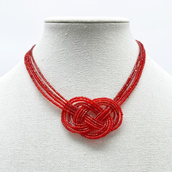 Red Beaded Multi-Stand Knot Necklace - image 1