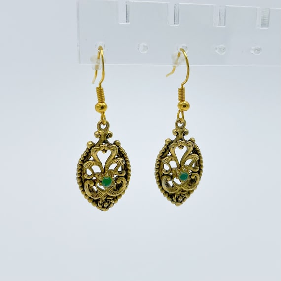 Gold Toned Filigree Oval Drop Earrings - image 2