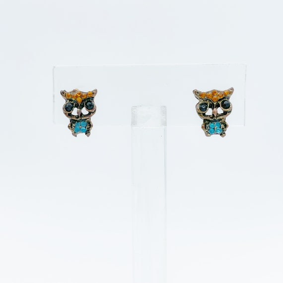 Tiny Rhinestone Owl Stud Earrings - image 2