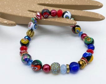 Colorful Millefiori Flower Beaded Stretch Bracelet