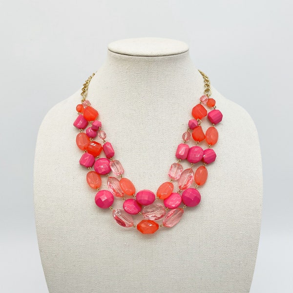 Chunky Pink Plastic Beaded Gold Tone Multi-Chain Statement Necklace