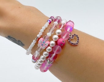 Bubblegum Pink Heart Charm Crystal Beaded Stretch Bracelet