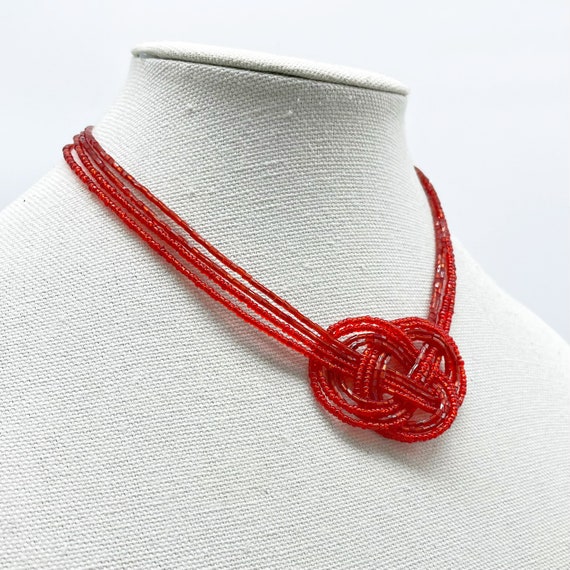Red Beaded Multi-Stand Knot Necklace - image 4