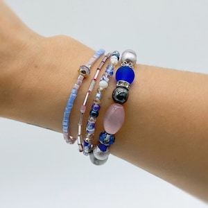 Pink and Blue Beaded Stretch Bracelet Stack