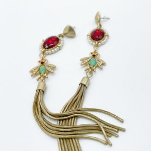 Faux Pearl and Red Rhinestone Gold Tone Tassle Shoulder Duster Earrings