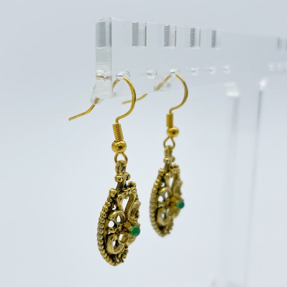Gold Toned Filigree Oval Drop Earrings - image 4