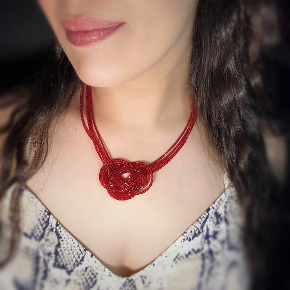 Red Beaded Multi-Stand Knot Necklace - image 2