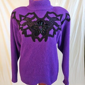 Vintage 90s Womens Sweater IB Diffusion Artsy Beaded Size S Purple Black Knit