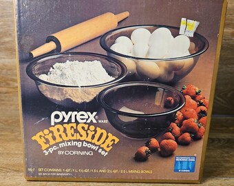 Conjunto de 3 tigelas para misturar Pyrex Ware Fireside vintage, 95°F, novo e lacrado de fábrica.