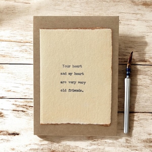 Carte d'ami dactylographiée/Votre coeur et mon coeur sont de très très vieilles cartes d'amis/Carte d'amitié/Carte Je t'aime/Carte bohème/Accessoires cadeaux/