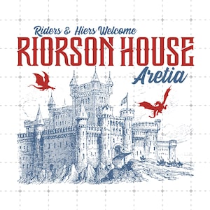 Puede incluir: Dise&ntilde;o gr&aacute;fico azul y rojo con una ilustraci&oacute;n de un castillo y el texto "Riders & Heirs Welcome RIORSON HOUSE Aretia". Dos dragones rojos vuelan cerca del castillo.