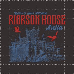 Puede incluir: Fondo gris oscuro con una ilustraci&oacute;n azul y roja de un castillo y dragones. El texto dice "Riders & Heirs Welcome" y "Riorosn House Aretia". El castillo est&aacute; detallado con torres y banderas.