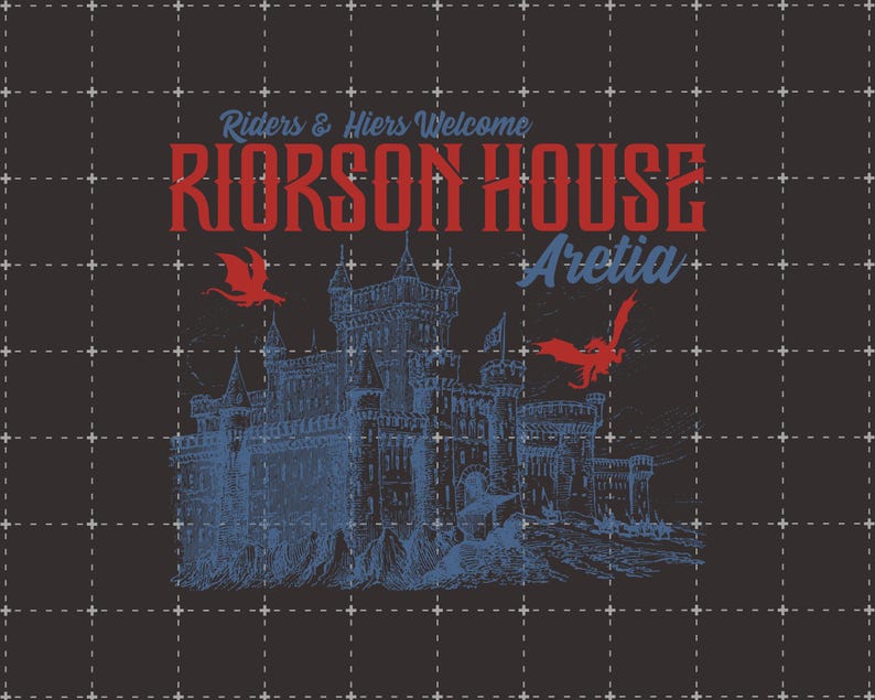 Puede incluir: Fondo gris oscuro con una ilustraci&oacute;n azul y roja de un castillo y dragones. El texto dice "Riders & Heirs Welcome" y "Riorosn House Aretia". El castillo est&aacute; detallado con torres y banderas.