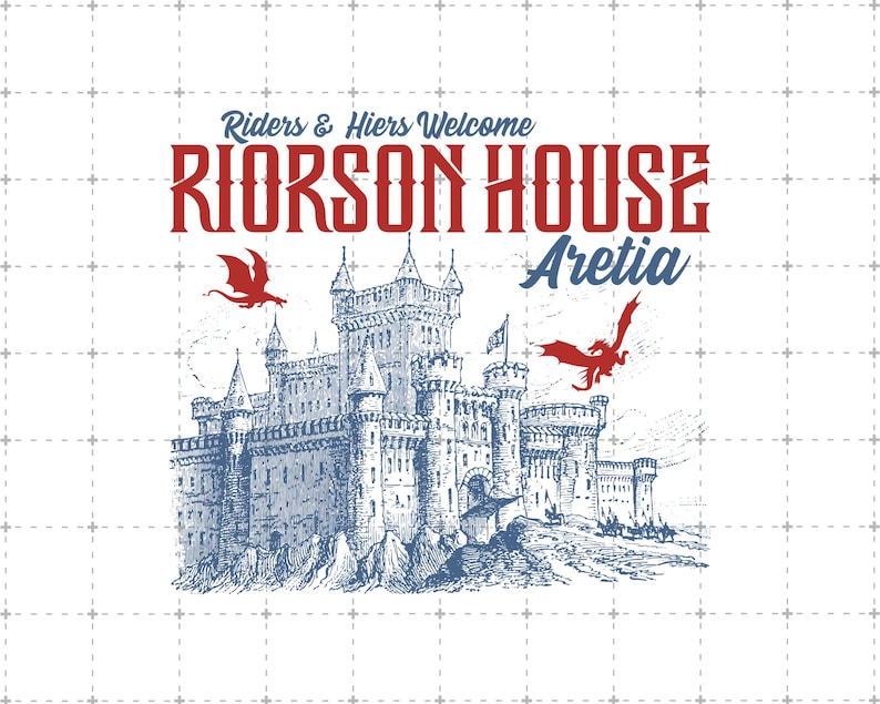 Puede incluir: Dise&ntilde;o gr&aacute;fico azul y rojo con una ilustraci&oacute;n de un castillo y el texto "Riders & Heirs Welcome RIORSON HOUSE Aretia". Dos dragones rojos vuelan cerca del castillo.
