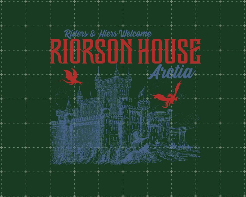Puede incluir: Un fondo verde oscuro con un patr&oacute;n de cuadr&iacute;cula, con una ilustraci&oacute;n de castillo azul y dragones rojos. El texto "Riders & Heirs Welcome" y "Riorosn House Aretia" est&aacute; en fuentes rojas y azules.