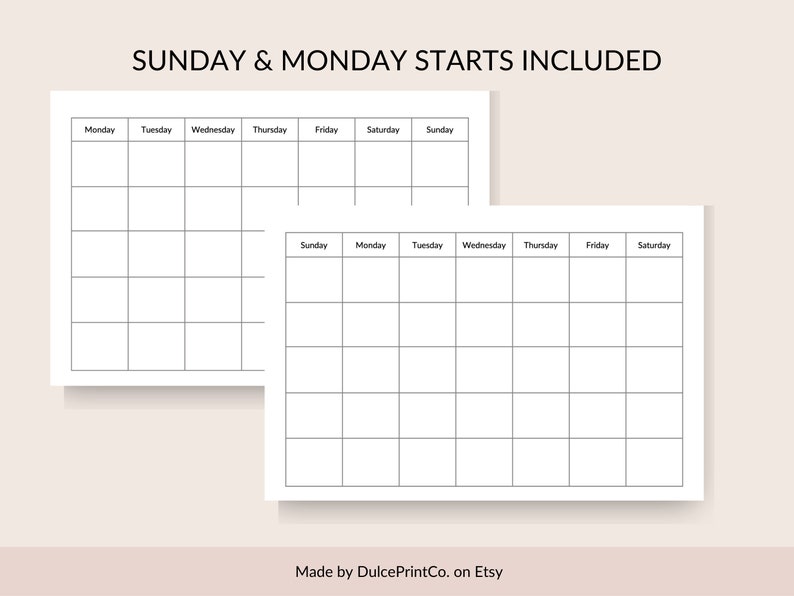 Blank Monthly Calendar Printable Landscape Minimalist | Etsy