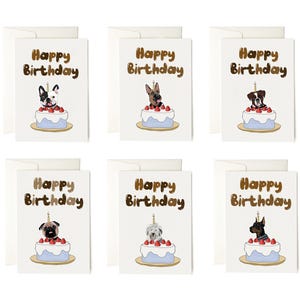 Dog Birthday Cake Cards + envelopes  | 6 Cards mix per Pack | Illustration Folding Cards