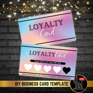 Op de afbeelding: Een sjabloon voor een loyaliteitskaart met een regenboogkleurige achtergrond. De kaart heeft een zwart hart voor de 5e aankoop en zegt "Save 50% On Your 5th Set".