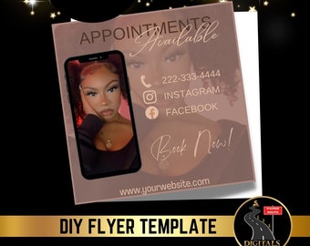 DIY Termine verfügbar Flyer, Buchen Sie jetzt, Social Media DIY Flyer Vorlage, Buchung, Termine, Schönheit, Haare, Make-up, Kosmetikerin, Nägel