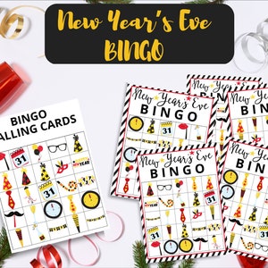 New Year’s bingo, New Year’s Eve printable game, NYE party activity, New Year’s Eve bingo cards, holiday bingo, family bingo, New Years 2023