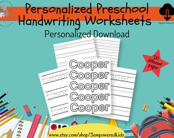 May include: A printable worksheet for preschoolers to practice writing their name. The worksheet features the name "Cooper" written multiple times on lined paper. The image also includes school supplies like pencils, crayons, and a backpack.
