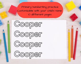 May include: A white sheet of paper with the name "Cooper" written four times in large, outlined letters. The paper is surrounded by colorful pencils and toy building blocks. The text at the top of the page reads "Primary handwriting practice Customizable with your child's name 10 different pages."