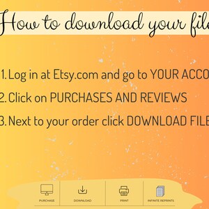 May include: A yellow and orange graphic with white text explaining how to download digital files from Etsy. The text reads: "How to download your files? 1. Log in at Etsy.com and go to YOUR ACCOUNT 2. Click on PURCHASES AND REVIEWS 3. Next to your order click DOWNLOAD FILES". Below the text are four icons: a computer monitor, a download arrow, a printer, and a stack of papers.