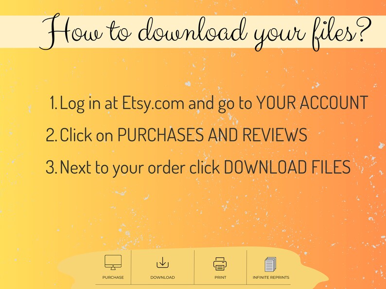 May include: A yellow and orange graphic with white text explaining how to download digital files from Etsy. The text reads: "How to download your files? 1. Log in at Etsy.com and go to YOUR ACCOUNT 2. Click on PURCHASES AND REVIEWS 3. Next to your order click DOWNLOAD FILES". Below the text are four icons: a computer monitor, a download arrow, a printer, and a stack of papers.