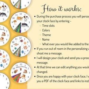 May include: A digital illustration showing how to personalize a clock face. The illustration shows six different clock faces with various themes, including space, animals, and a personalized name. The text explains that you can personalize the clock face by choosing time slots, colors, themes, and names. You can also add any other details you want to the clock.