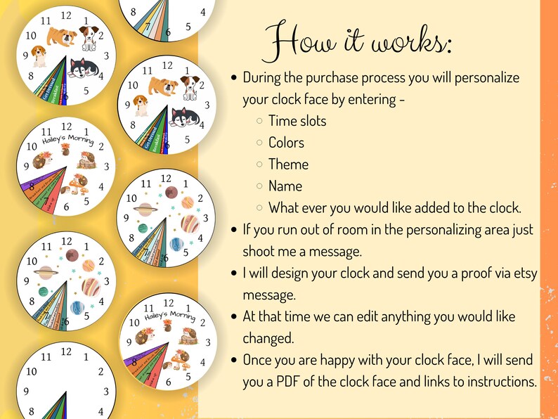 May include: A digital illustration showing how to personalize a clock face. The illustration shows six different clock faces with various themes, including space, animals, and a personalized name. The text explains that you can personalize the clock face by choosing time slots, colors, themes, and names. You can also add any other details you want to the clock.